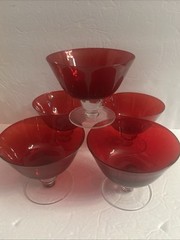 5 Vintage Cobalt Red -Clear Ball -Stem Bell Shape Hand Blown Glasses/Goblets