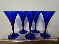 SET OF 5 VINTAGE COLBALT BLUE WINE/SHERRY/CORDIAL GLASSES /BARWARE 5-1/4″