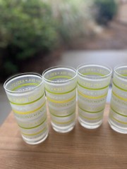 5 Vintage Culver Barware Glasses Frosted Yellow Green White Stripe 5.5” Tall