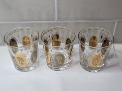Vintage Set of 3 Gold Royal Ladies Portrait Cocktail Rocks Glasses Barware MCM