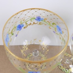 2 Diana Gaikazova Hand Painted Balloon Wine Glasses Blue Flowers Gold Lattice