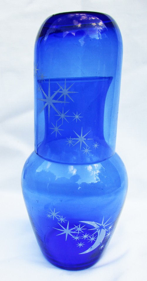 Tumble up blue glass moon & stars bedside decanter carafe set excellent