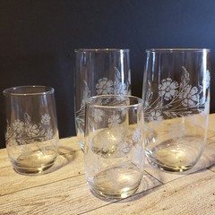 Vintage White Floral Drinking Glass Set Two Tumblers and Two Juice Glasses