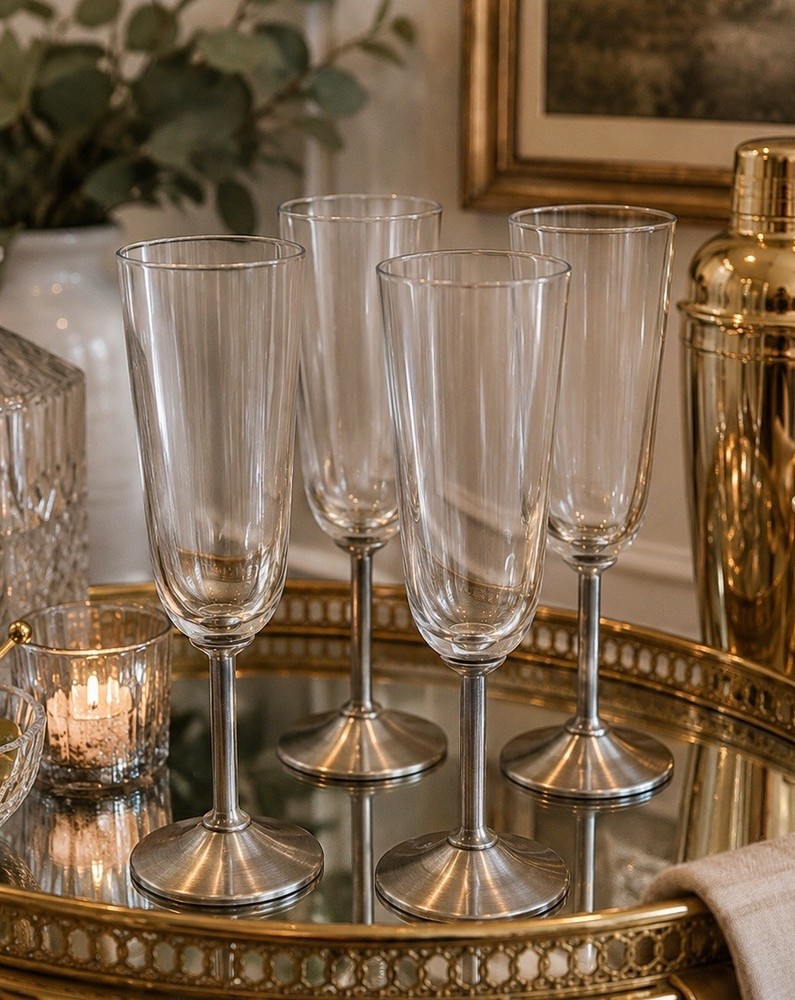 Italian Champagne Flutes Silver Plated Stem Glasses Barware Italy Set 4 Vintage