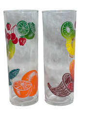 Pair Vintage Highball Cocktail Glasses Mid Century Modern Fruit Design Retro