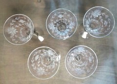 5 Crystal Cut Glass Floral Leaf Pattern Pillar Optic Wine Stems 6-3/4″ Vintage