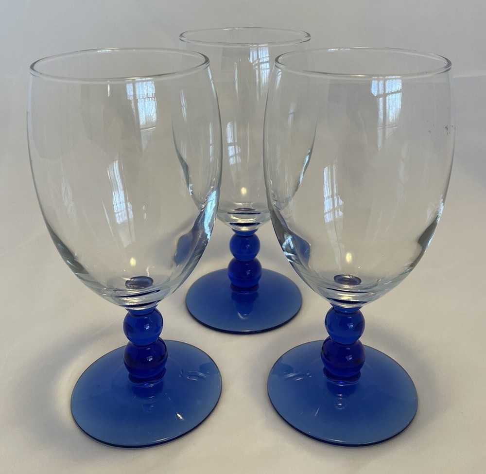 Libbey Metropolis Cobalt Blue Stem Water Glasses Goblets W/Clear Bell Set of 3
