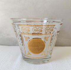 Hazel Atlas Aztec Mayan 22k Gold Medallion Ice Bucket MCM Glass Barware