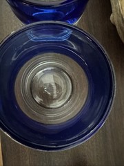 2 Mexican Hand Blown Cobalt Blue Rim Glass Tumbler Rough Pontil Bubble Low Ball