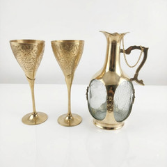 Vintage Brass Wine Carafe Set with Goblets, High Quality Antique Barware Decor