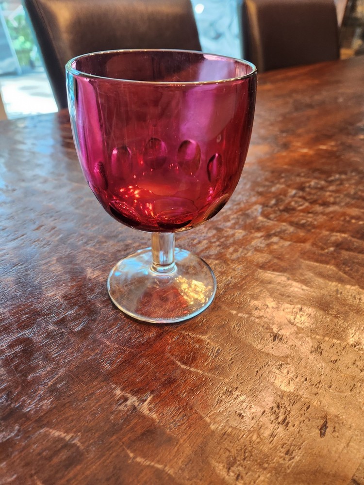 Vintage Bartlett Collins Cranberry Thumbprint Glass Goblet 6.25″ MCM set of 1