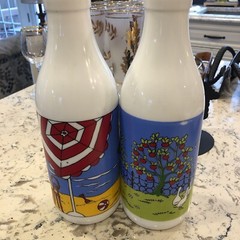 Set Of 2 80s Carlton Milk Glass Water Juice 1 QT Beach Farm Scene Vintage