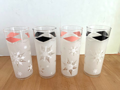 4 Mid-Century Colors Pink & Black Tom Collins Glasses w/Atomic Snowflake Design