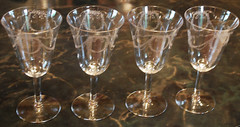 Vtg Set 4 FOSTORIA ‘GARLAND’ Needle Etched Water Goblets/Glasses 8 oz 6.75″ 1915