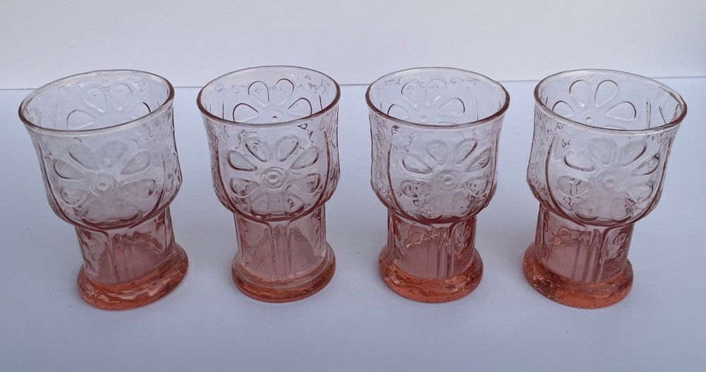 Set 4 Libbey 5in Pink Daisy Country Garden Tumblers Drinking Glasses Retro MCM