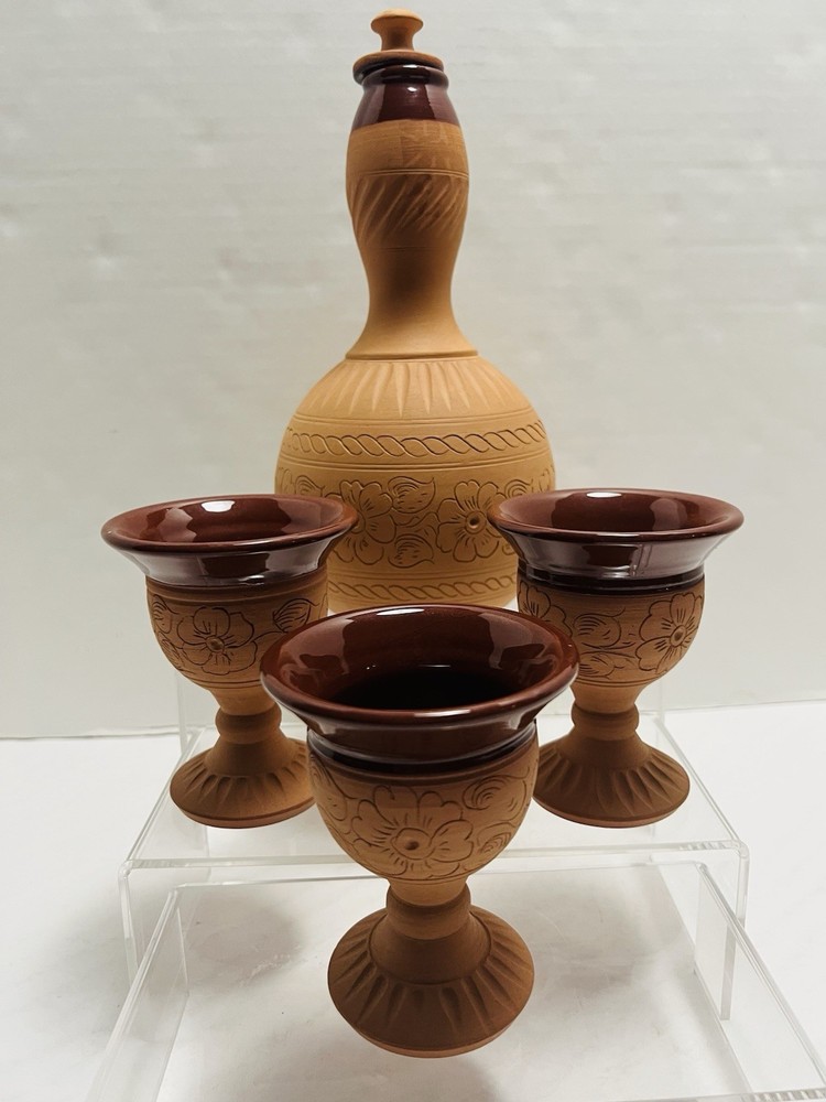 VTG Handmade By Moses~4 Pce Clay Signed Wine Set From The Republic Of Cyprus