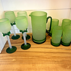 Mid-Century Hand Blown Glass Frosted Green Pitcher 4 Tumbler 4 Wine Glass Set