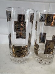 Vintage Mid-Century Black & Gold Coin Drinking Glasses set of 2