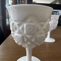 Set of 2 Vtg. Westmorland Old Quilt Pattern White Milk Glass Goblet Compote 5.5”
