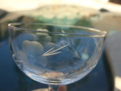 Early Mid Century Cut Crystal Gray Etched, 4 Low Stem Sherbet Champagne Glasses