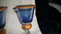 #1120 Water GLASS 2 Goblet BLOCK Crystal 7″ T STEMED BLUE w Mustard Gold & Clear