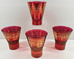 4 Timon Collezione Red Gold Scrolls Old Fashioned Set Tapered Tumblers Italy Lot