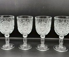 4 Libbey Hobstar Glasses Water Wine Goblets Vintage Heavy 7″