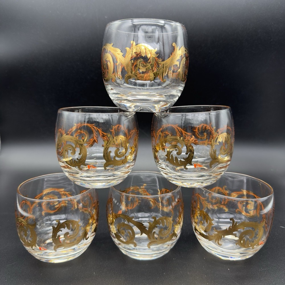 Six (6) MCM Cera 22k Gold Scroll Roly Poly Rocks Glasses Low Ball Tumblers