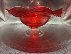 Ruby Red Glass Footed Pedestal Ruffled Edge Bowl 9”x4.5”