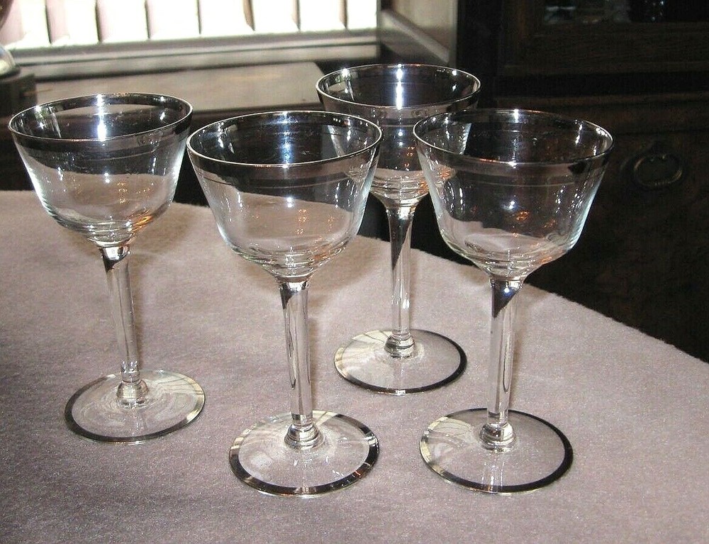 Vintage Liquor glasses lot of 4 Platinum rims,foot Classy set 3 oz FREE SHIP!
