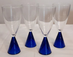 Set of 4 EON BLUE Sasaki Deco Glass COBALT Stem Base Clear Bowl WATER GOBLETS