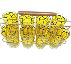 Mid-Century Libbey Tumbler Glasses Yellow & Black in Metal Caddy 8-Set Vintage