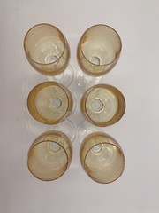 SET OF 6 (SIX) 4 oz Marigold Gold Clear Stem Liquor Crystal Goblets 6-7/8” Tall