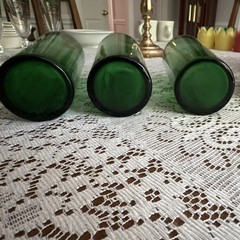 Set of 3 Green Glass Tumbler Glasses, White Decorated Design Drinking Tumblers