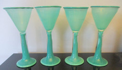 Set 4 Vintage Hand Made Blown Art Glass Cased Green Chalice Goblet Flute Stem