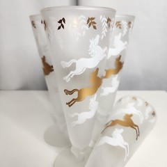 Vintage 1953 Libbey Cavalcade Frosted Pilsner 4 Glasses White and Gold Horses