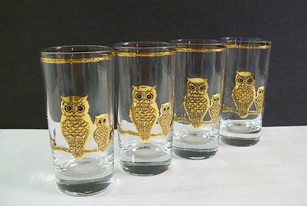MCM CULVER Gold Encrusted Owl Tumblers – Set of 4 – 10 Ounce –1960’s- Highballs