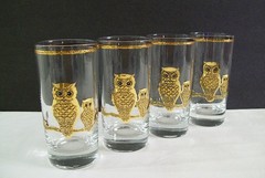 MCM CULVER Gold Encrusted Owl Tumblers – Set of 4 – 10 Ounce –1960’s- Highballs
