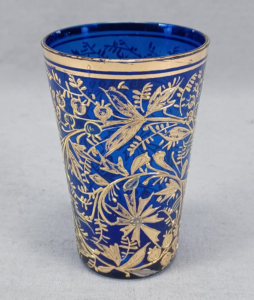 Bohemian Moser Type Raised Gold Floral Berries Cobalt Juice Glass C.1890-1910