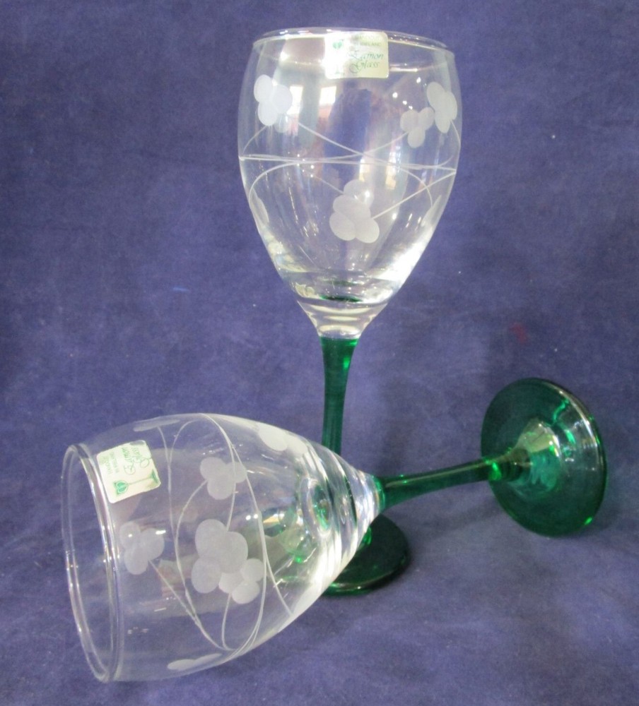 Eamon Glass Emerald Stem Shamrock Cut Wine A Pair Made in Ireland New Vintage