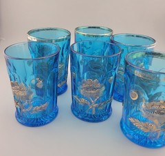 6 Antique Vintage Northwood Glass Blue Oriental Poppy Gold Tumblers 4 1/4″ Tall