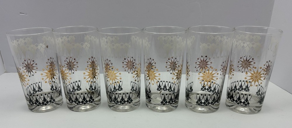 Vintage 1950’s Glass Atomic Sunburst Pattern Highball Glasses/ Barware Set of 6
