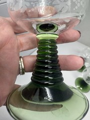 Vintage Grape & Vine Etched Crystal Wine Goblets With Green Stems