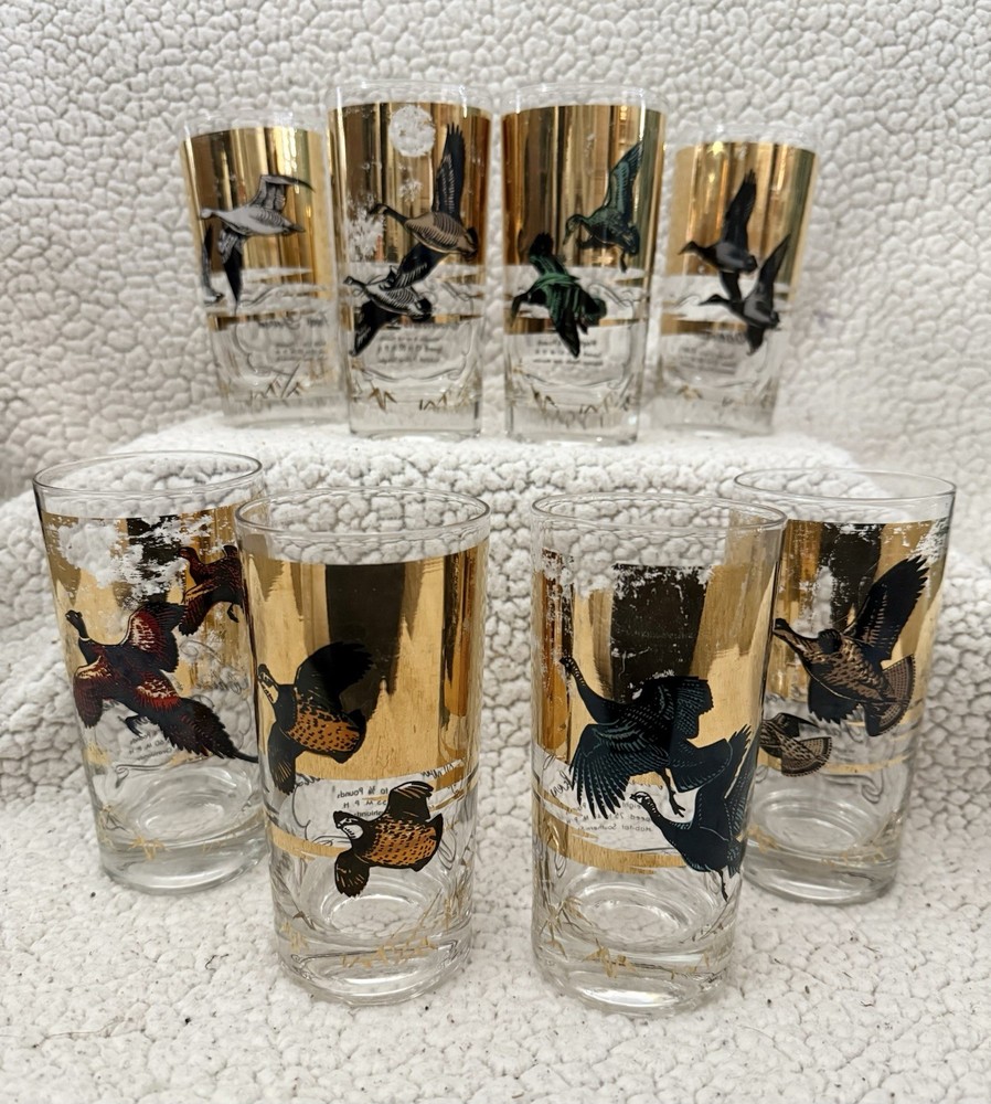 Les Kouba WILD FOWL GOLD GLASS HIGH BALL/TUMBLERS set of 8