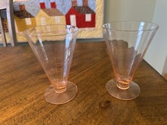 2 Block Optic 5.25″ Footed Tumblers Pink Depression Parfait Glasses Nice