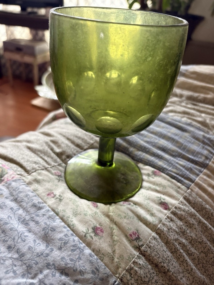 Unmarked Green Glass Stemmed Goblet Wine Glass Thumbprint Pattern