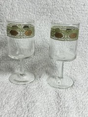 Stemmed Glasses Set of 2 Gold Green Tumbler 5 Oz Bar Glasses MCM Mid Century