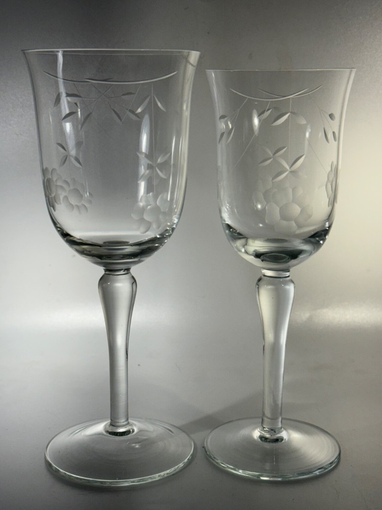Clear,glass, etched flowers, red&white wine glasses