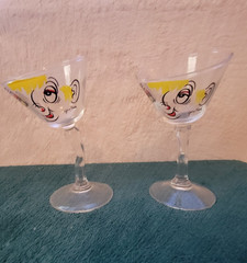 Vintage 1950s Gay Fad Beau Brummell Tipsy Martini Glasses hand painted Set Of 2