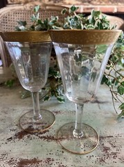 2 Tiffin Franciscan Etched Gold Encrusted Rim Champagne Coupe Wine Glasses 6.75”